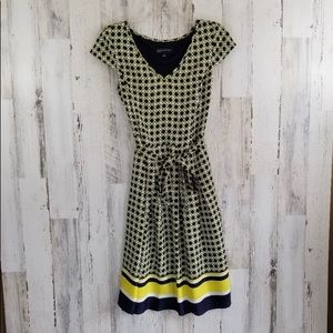 Jones New York Navy and Yellow Lattice Print Dress